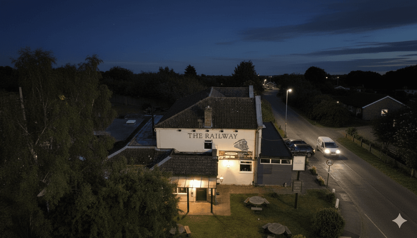 The Railway Pub exterior at night